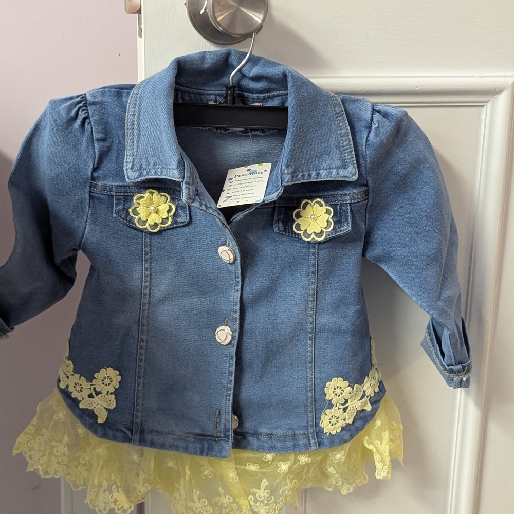 Blue and Yellow Jean Jacket with Floral Embellishments